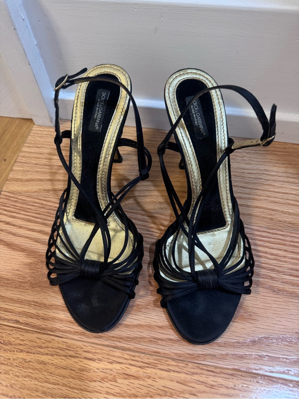 Dolce & Gabbana Black and Gold Strappy High Heel Sandals